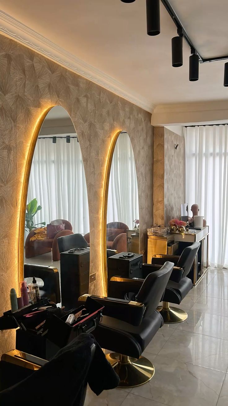 Arch mirror styling row — Maletti salon furniture